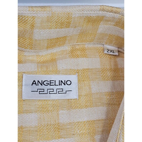 Angelino Button Down Shirt 2XL Yellow White Plaid Short Sleeve 100% Linen Italy - Picture 3 of 8
